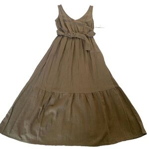 Nine West NEW Linen Blend Sleeveless Tiered Midi Dress Army Safari Green Sz XS